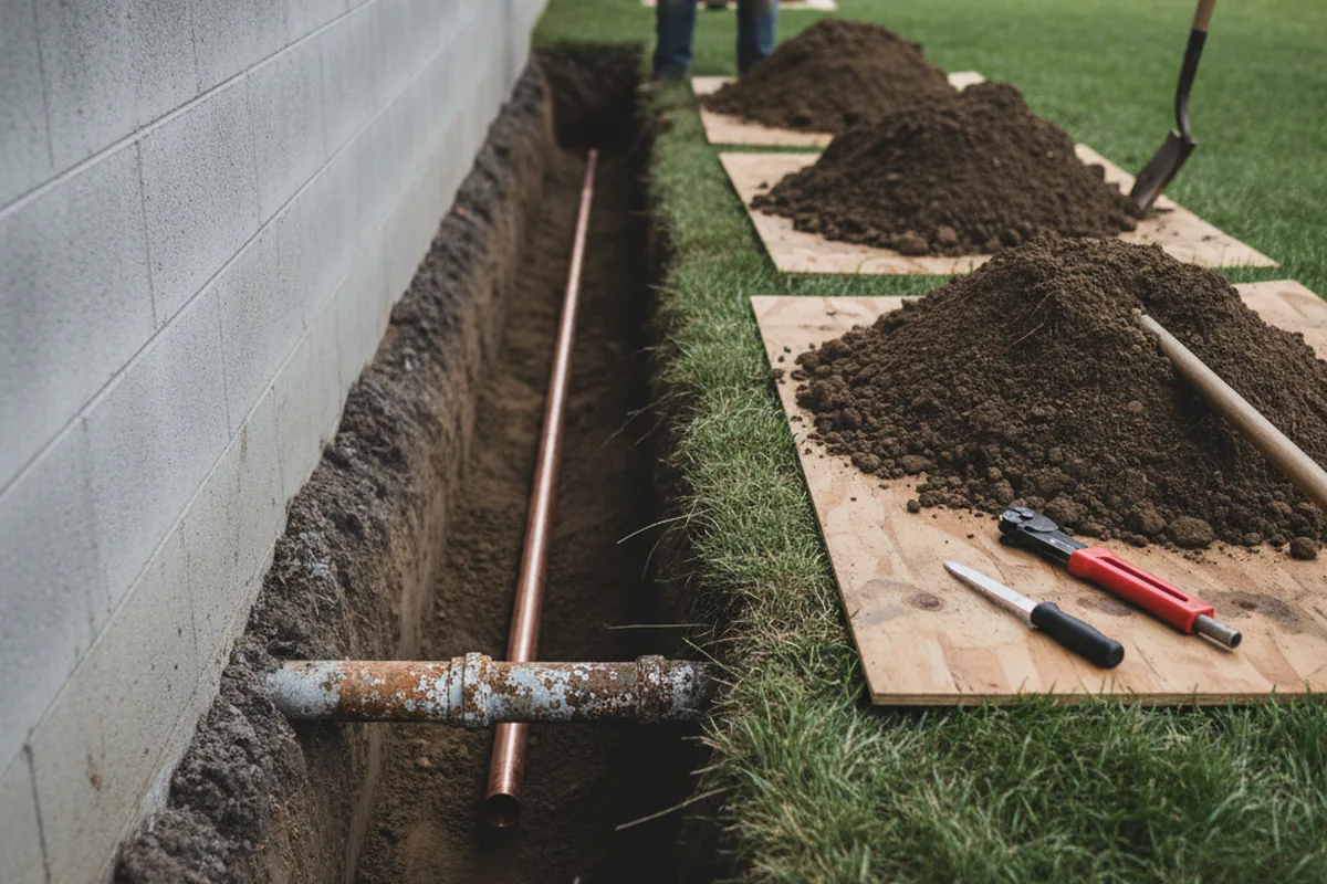 Excavated water line trench during Water Heater Repair in Indian Trail
